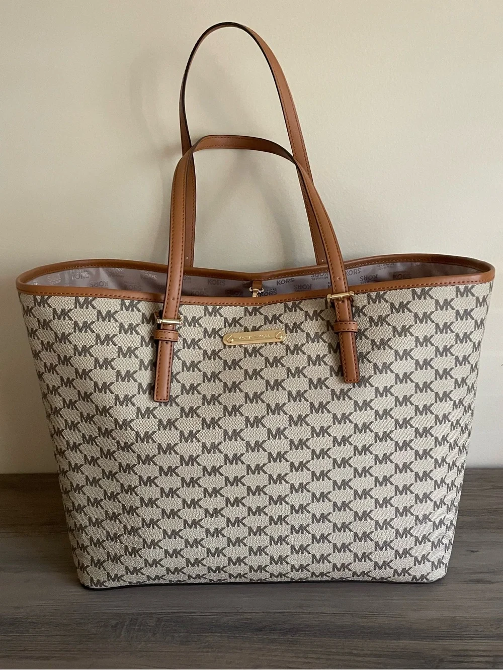 Michael Kors Charlotte Large Signature Logo Tote Bag Brown Tan Gold Hardware